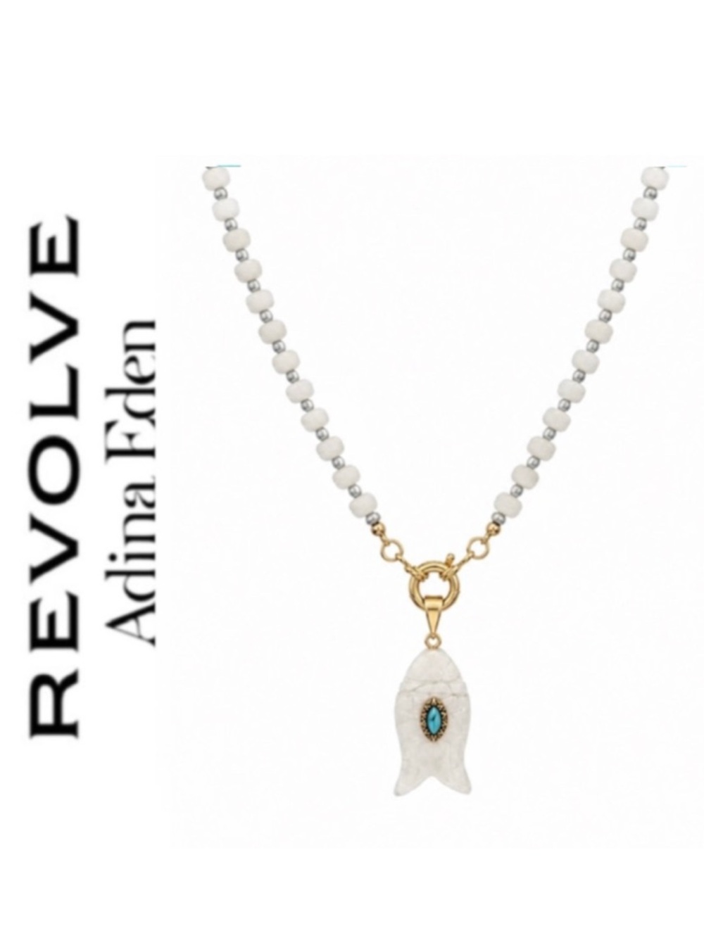 Revolve x Adina Eden White Quartz Natural Stone Fish Pendant Beaded Necklace